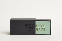 Load image into Gallery viewer, Bloke Soaps Laid back lime (green) soap in black cardboard packaging.