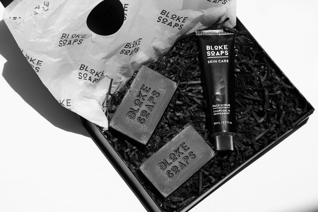 Bloke Soaps Hands On Gift Pack. Tube of face scrub and two bars of soap in luxurious gift box.