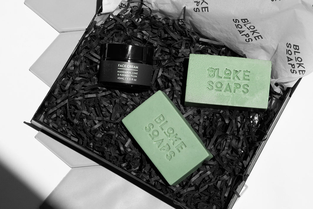 Bloke Soaps Laid Back Gift Pack. Jar of face cream  and two bars of soap in luxurious gift box.