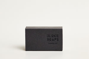 Bloke Soaps Hands On peppermint (charcoal) black cardboard packaging.